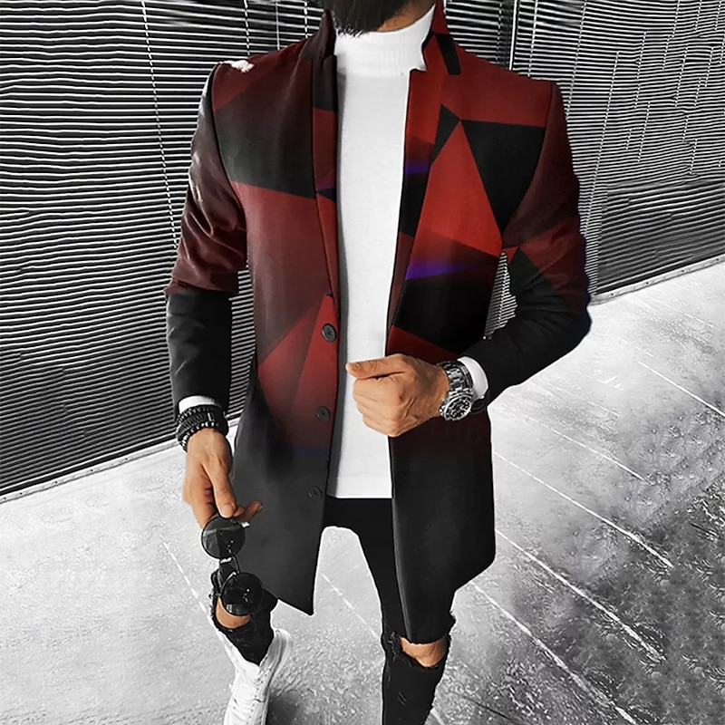 Men Ombre Geometric Overcoat Coat Casual Business Casual Daily 3D Print Buttons Front Pocket Spring Fall Winter Notch Long Sleeve Black Red Gray