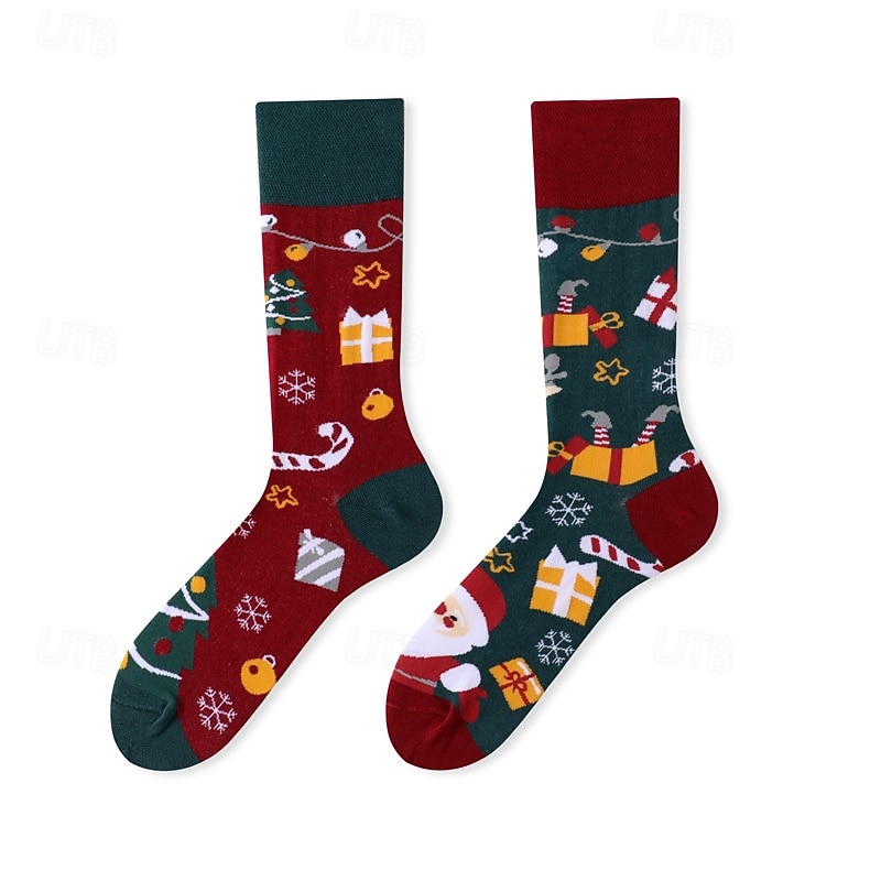 AB Asymmetrical Mid-Calf Combed Cotton Socks, Christmas Edition, Fashionable and Trendy Unisex Couple Holiday Socks