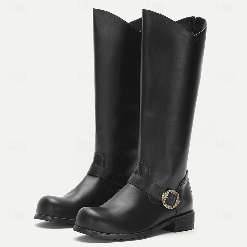 Men's Black Genuine Leather Tall Riding Boots with Buckle Detail – Classic Medieval Inspired Knee High Boots for Festivals, Stage Performance and Halloween Costumes4