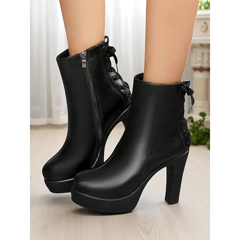 Women's Black Faux Leather Platform Ankle Boots – High Heel Side Zip Lace-Up Back Dress Booties for Party, Night Out and Fall Fashion