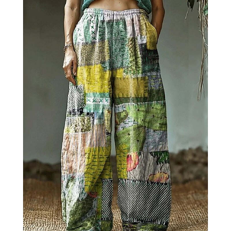 Women's Slacks Straight Streetwear Casual Full Length Natural Flower Pocket Elastic Waist Printing Comfortable Street Daily Wear Weekend Wine Yellow Light Green Blue Fall Regular Fit3