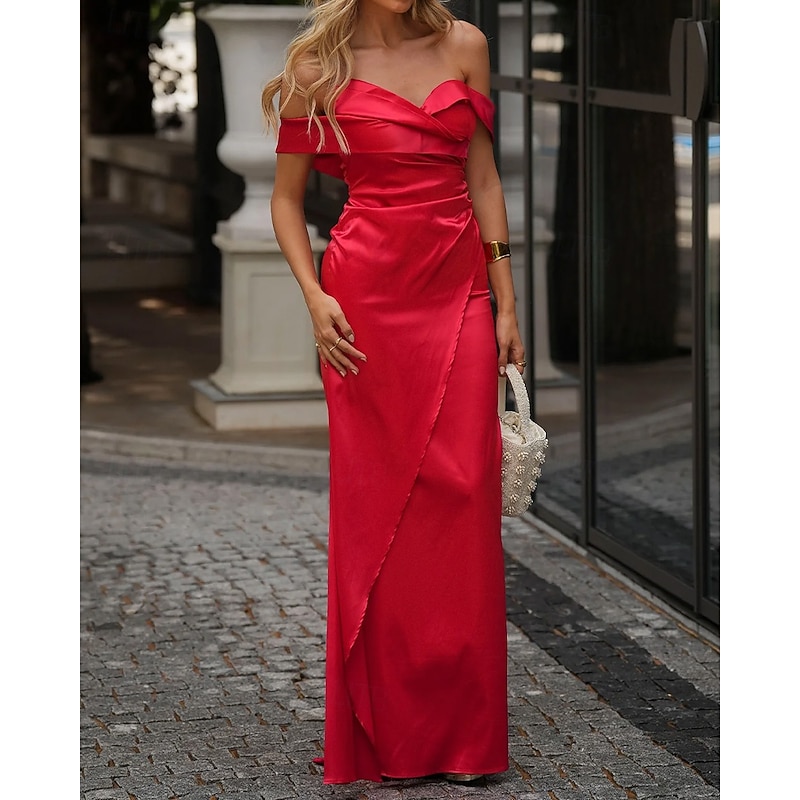 GoldMermaid / Trumpet Evening Gown Elegant Dress Formal Wedding Floor Length Sleeveless Off Shoulder Stretch Satin with Pleats 20254