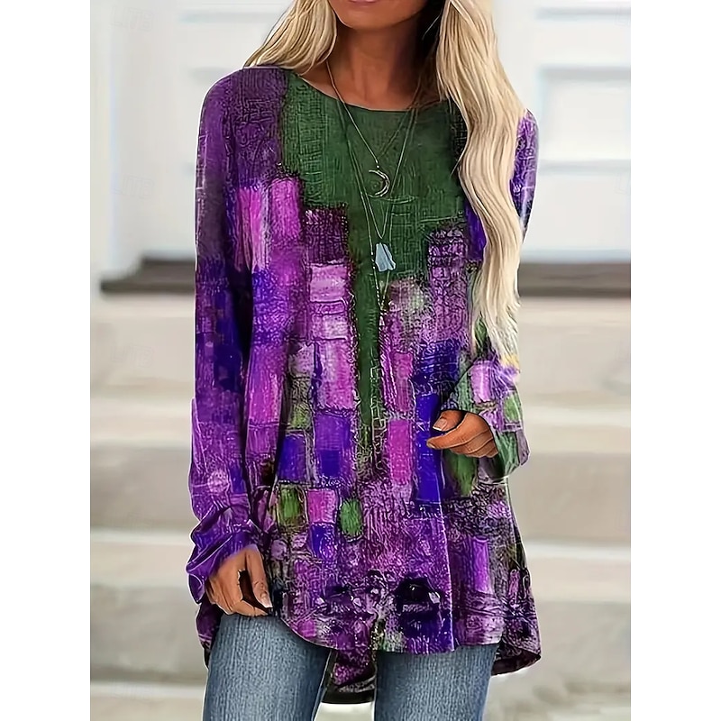 Women's T Shirt Graphic Geometric Vintage Stylish Classic Long Sleeve Crew Neck Round Neck Long Tops Daily Print Red Purple Spring Fall4