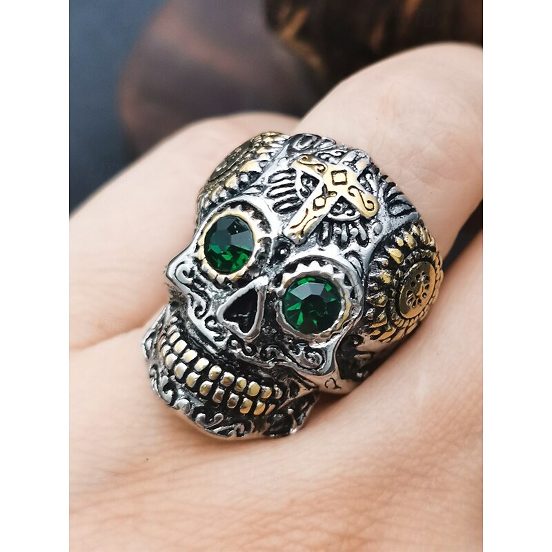 Men's Halloween Skull Ring – Gothic Stainless Steel Biker Jewelry with Green Eyes and Gold Cross Details for Party, Cosplay and Punk Style