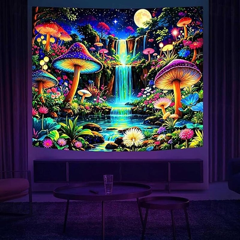 Glow in the Dark Mushroom Forest Tapestry – Psychedelic Blacklight Wall Hanging with Waterfall and Moon for Bedroom or Living Room Decor2