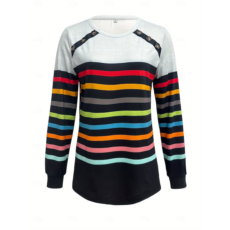 Women's T Shirt Graphic Geometric Vintage Stylish Classic Long Sleeve Crew Neck Regular Tops Daily Going out Weekend Buttons Print White Spring Fall Winter3