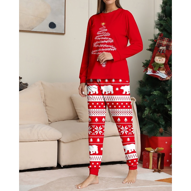 Family Christmas Pajamas Christmas Pattern Home Print Red Blue Long Sleeve Active Matching Outfits4