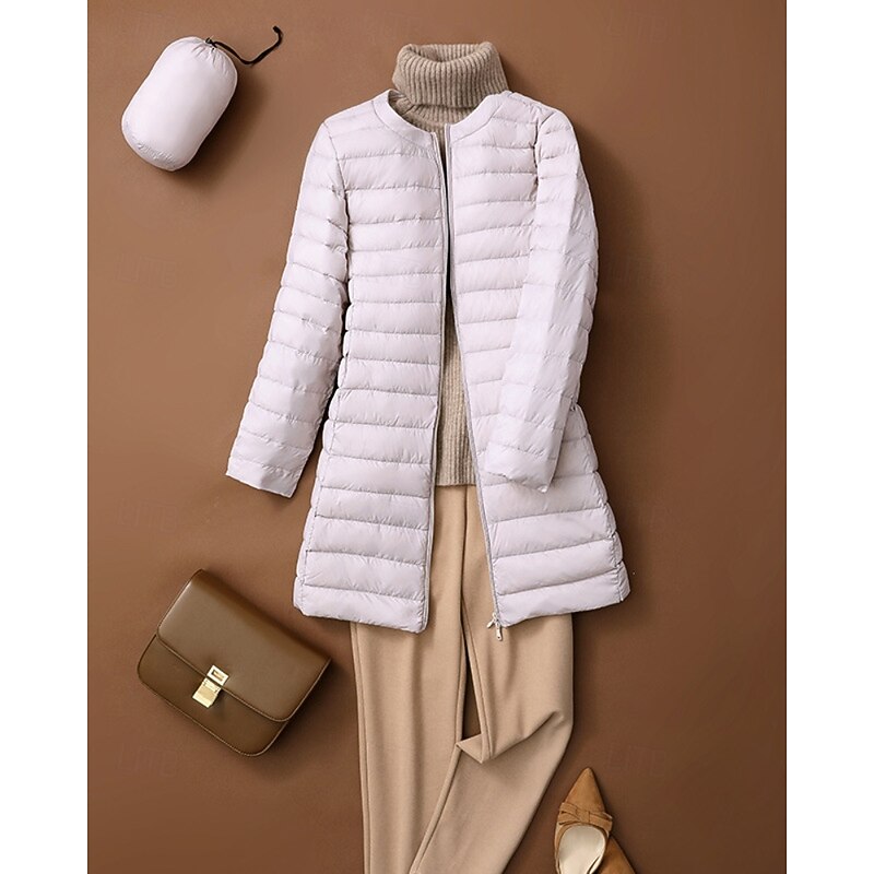 Women's Down Jacket Coat Warm Comfortable Zipper Pocket Fashion Plain Daily Wear Going out Casual Daily Weekend Zipper Long Crewneck Regular Fit Long Sleeve Outerwear Silver Purple Khaki Fall Winter
