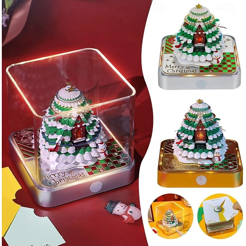 Christmas Tree 3D Time Piece Calendar 2026 Desk Calendar Art Memo Pad Paper Christmas Tree House with Lights DIY Tear-away Paper Carving Art Memo Pad Notepad