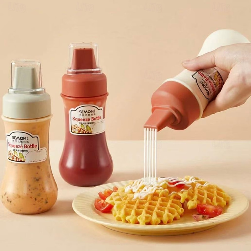 3pcs Measurable Condiment Squeeze Bottle, 350ml Kitchen Sauce Dispenser Bottles with 5 Nozzles for Ketchup, Salad Dressing, and Condiment Portioning