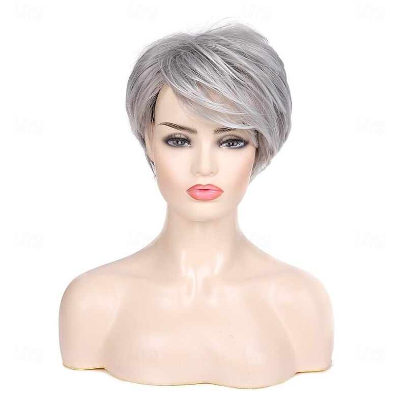 Grey Wig Short Layered Natural Synthetic Wig with Bangs Heat Resistant Replacement Hair Wig for Women2