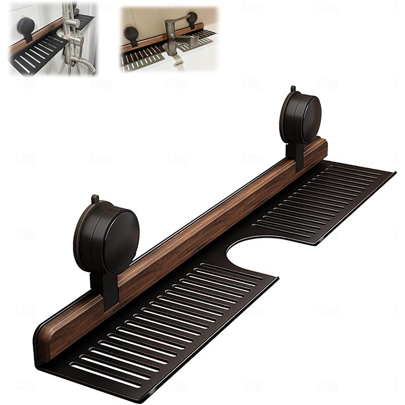 Walnut Suction Cup Bathroom Shelf Wall Mounted Sink Shelf Over Faucet Removable No-Drill Wood Faucet Storage Rack for Toiletries, Bottles and Small Accessories2