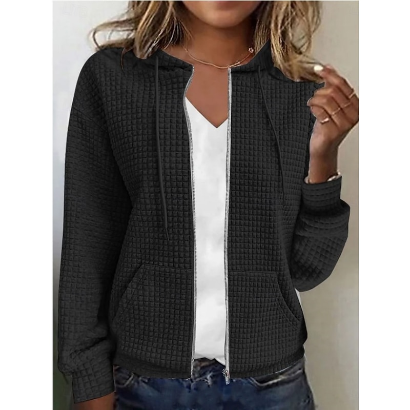 Women's Casual Jacket Hoodie Jacket Comfortable Breathable Zipper Pocket Full Zip Casual Plain Vacation Street Casual Daily Wear Zipper Regular Hooded Regular Fit Long Sleeve Outerwear Black White2
