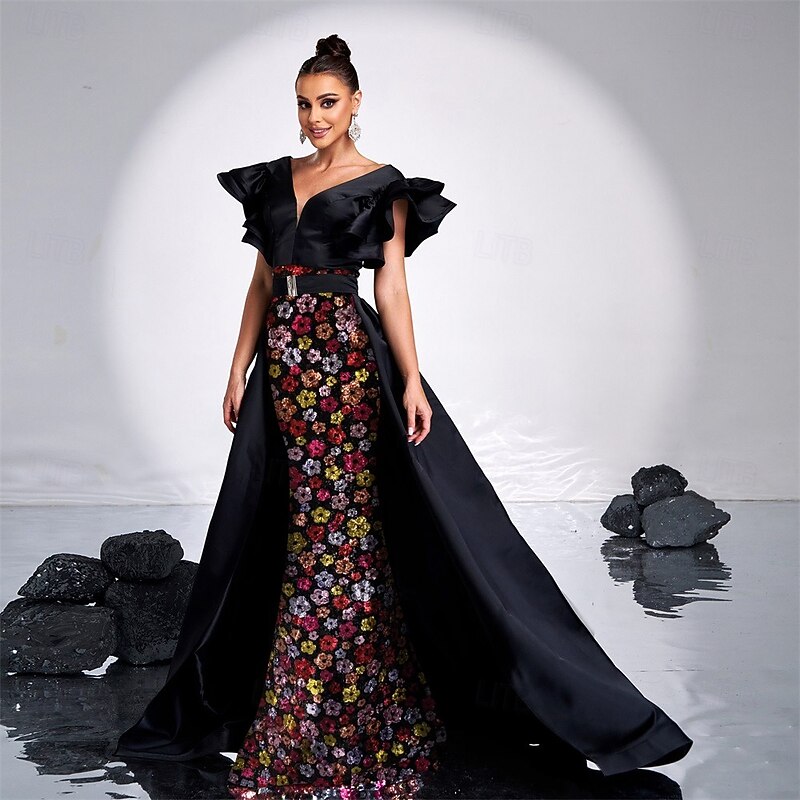 A-Line Evening Dresses Elegant Dress Formal Wedding Sweep / Brush Train Sleeveless V Neck Sequin Floral with Ruffles4