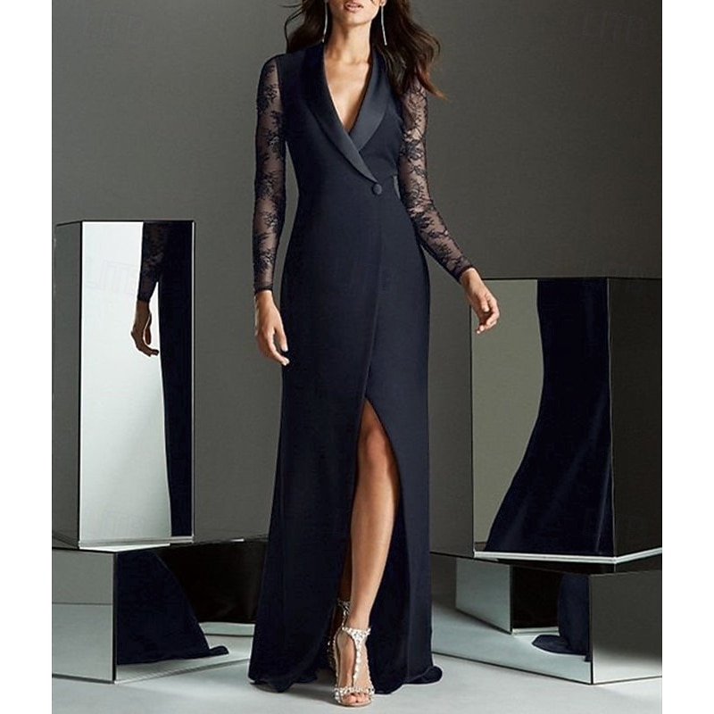 Tuxedo Dress Sheath Wedding Guest Formal Evening Satin Lace Elegant High Split Long Sleeve Floor Length Shawl Lapel Single Breasted4
