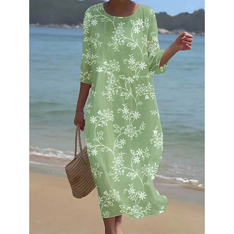 Women's Maxi Dress Kaftan 3/4 Length Sleeve Crew Neck Casual Dress A Line Dress Boho Loose Fit Floral Graphic V Neck White Yellow Light Green Green Spring Fall3