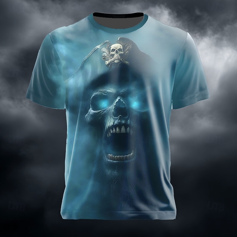Halloween Men's Optical Illusion Grim Reaper 3D Pirate T Shirt Short Sleeve T shirt 3D Print Crew Neck Shirt Exaggerated Designer Horror Party Street Holiday Lake Blue Blue Green Summer Spring All