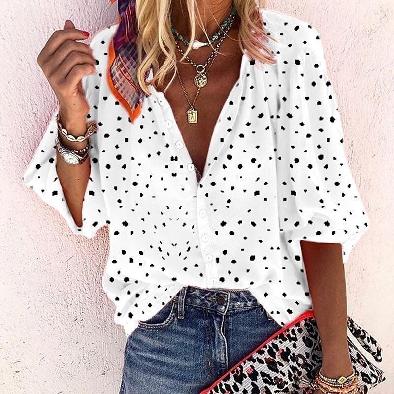 Women's Blouse Graphic Polka Dot Vintage Daily Casual 3/4 Length Sleeve V Neck Regular Tops Daily Holiday Beach Wear Print White Yellow Red Blue Spring Fall4
