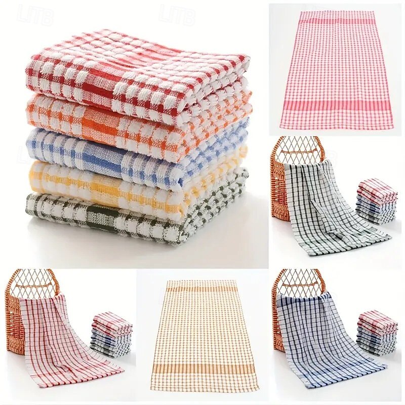 10-Pack Large Checkered Kitchen Cleaning Cloths – Absorbent, Reusable Polyester Towels in Red, Blue, Yellow & Orange for Sink, Table & Outdoor Use2