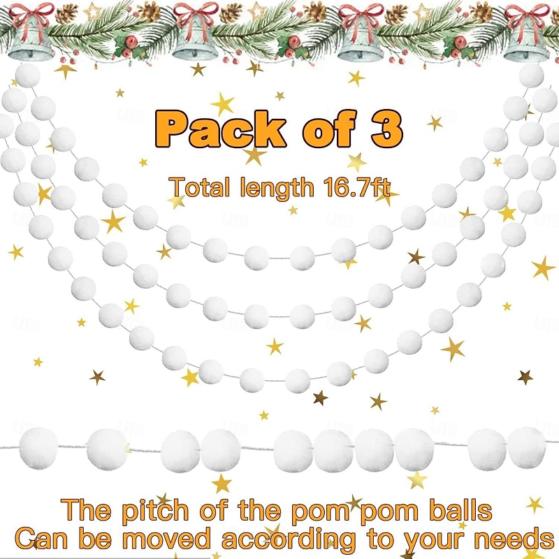 3pcs Christmas White Pom Pom Garland, Felt Ball Hanging Decorations, Christmas Holiday Decor, Festive Atmosphere Ornaments2