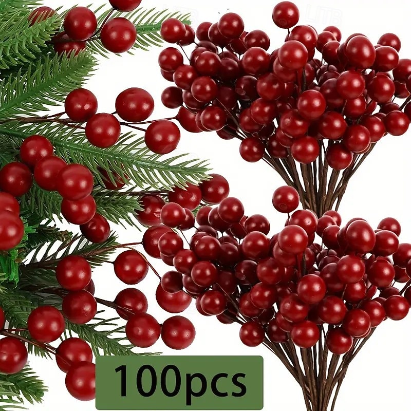 100pcs Christmas Red Berry Stems – Mini Artificial Fruit Decorations for Christmas Trees, Wreaths, DIY Crafts, and New Year Holiday Decor