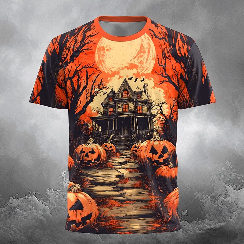 Halloween Men's Optical Illusion Pumpkin 3D T Shirt Short Sleeve T shirt 3D Print Crew Neck Shirt Exaggerated Designer Horror Party Street Holiday Orange 3 Black Orange Summer Spring All Seasons