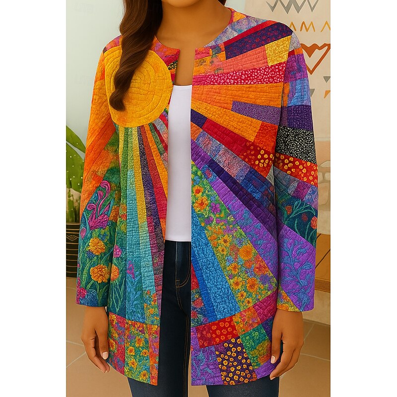 Women's Blazer Windproof Warm Patchwork Pocket Color Block Open Front Modern Boho Vintage Geometric Casual Daily Casual Daily Short Crewneck Regular Fit Long Sleeve Outerwear Yellow Red Orange Fall