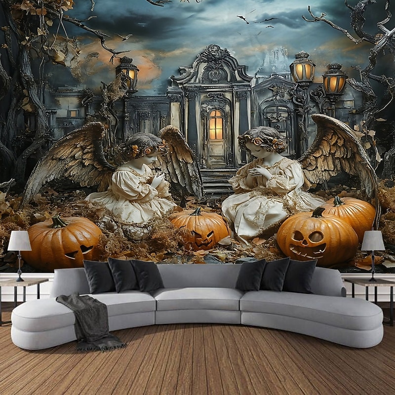 Halloween Backdrop Tapestry, Night Ghost Castle Pumpkin Witch Skeleton Wall Hanging, Large Decorative Mural for Bedroom, Living Room, Party, and Home Decoration3