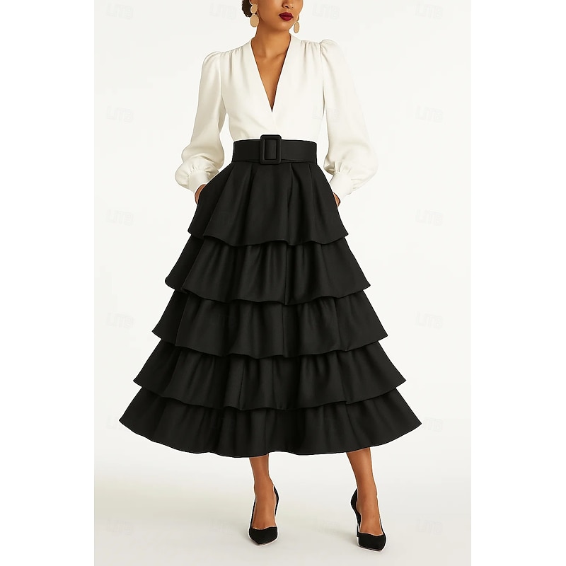 Black and White A-Line Shirtdress Gown Cocktail Dresses Tiered Dress Elegant Dress Formal Wedding Tea Length Long Sleeve Puff Sleeve V Neck Satin with Ruffles 2025
