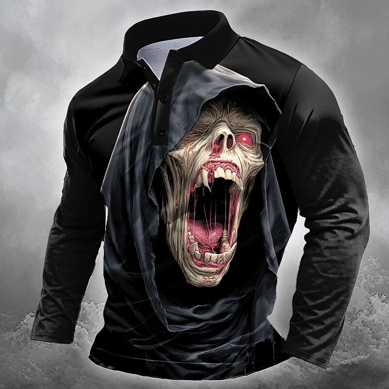 Day of the Dead Men's Skull Polo Long Sleeve Polo Shirts Lapel Casual Outdoor Street Athleisure 3D Print Buttons Spring Fall Winter Black  1 Black  22