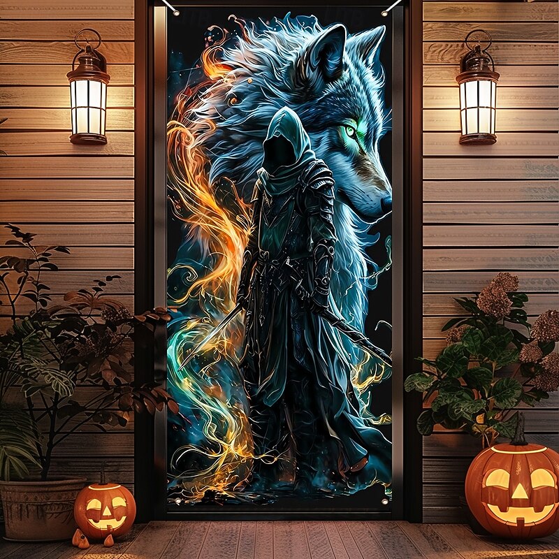 Halloween Door Cover Outdoor Banners Grim Reaper Wolf Fantasy Psychedelic Dark Punk Gothic Style Party Outdoor Shooting Backgrounds Front Door Wall Porch Home Decor3