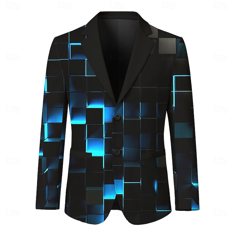 Men's Blazer Jacket Party Casual Stylish Casual Daily All Seasons 100% Polyester Weaving Checkered Grid / Plaid Patterns 3D Print Buttons Comfortable Single Breasted Blazer Black White - Main Image