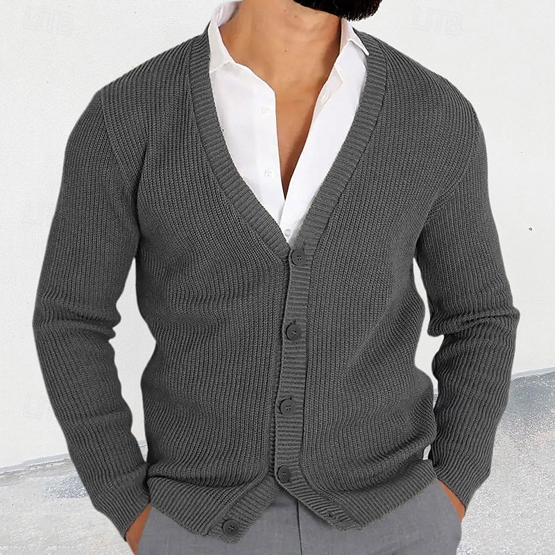 Men's Cardigan Sweater Cropped  Sweater Knit Sweater Ribbed Knit Regular Tops Buttons Plain V Neck Fashion Classic Vacation Daily Wear Clothing Apparel Fall Winter Black Military Green M L XL