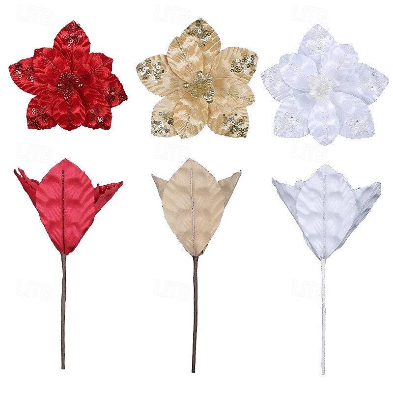 1pc Christmas Poinsettia Artificial Flower, New Glitter Sequin Holiday Decoration, Gold Faux Floral Hanging Ornament, Christmas Wreath Accessory4