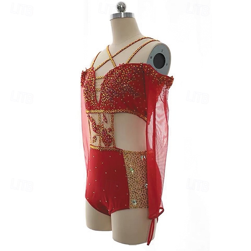 Figure Skating Dress Women's Girls' Ice Skating Dress Red Patchwork Open Back Mesh Spandex Stretchy Training Practice Professional Skating Wear Thermal Warm Crystal / Rhinestone Sleeveless Ice3