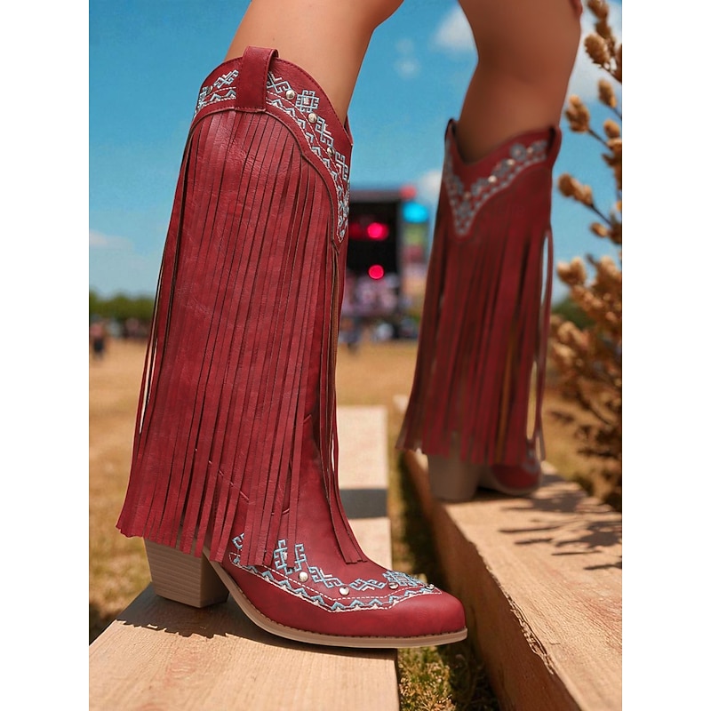 Women's Red Fringe Western Cowboy Boots with Embroidered Details – Retro Festival Knee-High Riding Boots for Rodeo, Music Festivals and Country Style Outfits