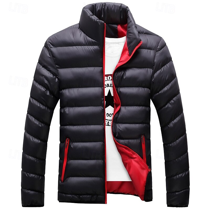 Men's Winter Coat Puffer Jacket Padded Jacket Pocket Cotton Vacation Daily Wear Date Regular Fashion Casual Comfortable Thermal Warm Winter Solid / Plain Color Black Red Royal Blue Dark Blue Puffer