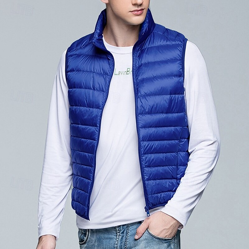 Men's Down Vest Puffer Vest Vest Gilet Vacation Daily Date Fashion Casual Fall & Winter Pocket Polyester Duckdown Warm Comfortable Solid Color Zipper Stand Collar Regular Fit Black Wine Navy Blue