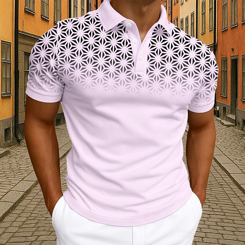 Men's Geometic Polo Short Sleeve Polo Shirts Collared Shirts Business Casual Athleisure Daily Wear 3D Print Buttons Summer Black White Pink4