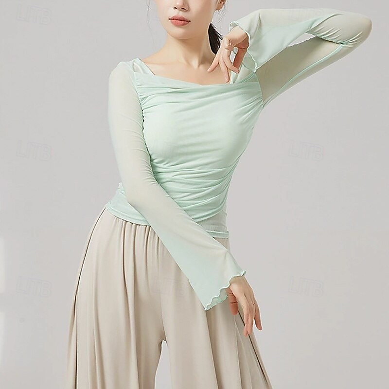 Activewear Top Pure Color Splicing Tulle Women's Performance Training Long Sleeve High Polyester