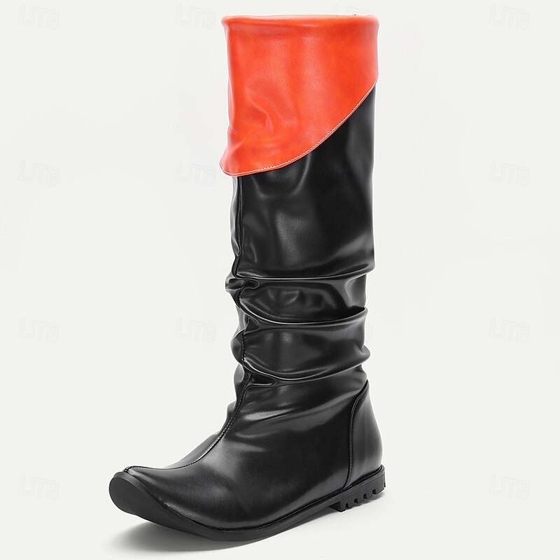 Men's Black and Red Fold Over Knee High Boots Faux Leather Retro Pirate Style Costume Shoes for Halloween Party and Cosplay3