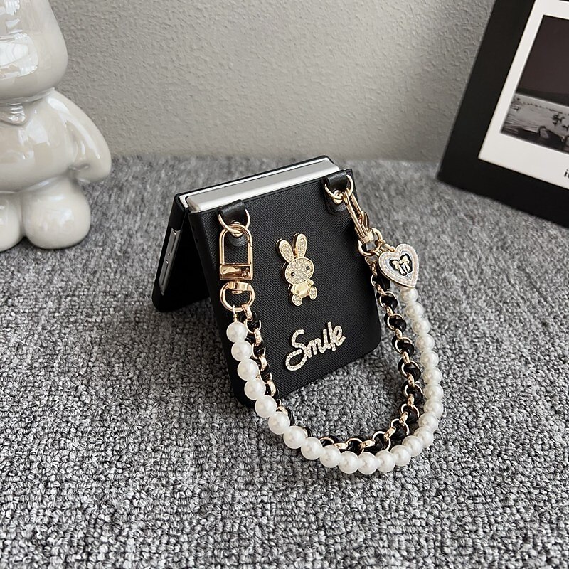 Phone Case For Samsung Galaxy Z Flip 7 Z Flip 6 Z Flip 5 Z Flip 4 Back Cover with Wrist Strap Shockproof Rabbit PC4