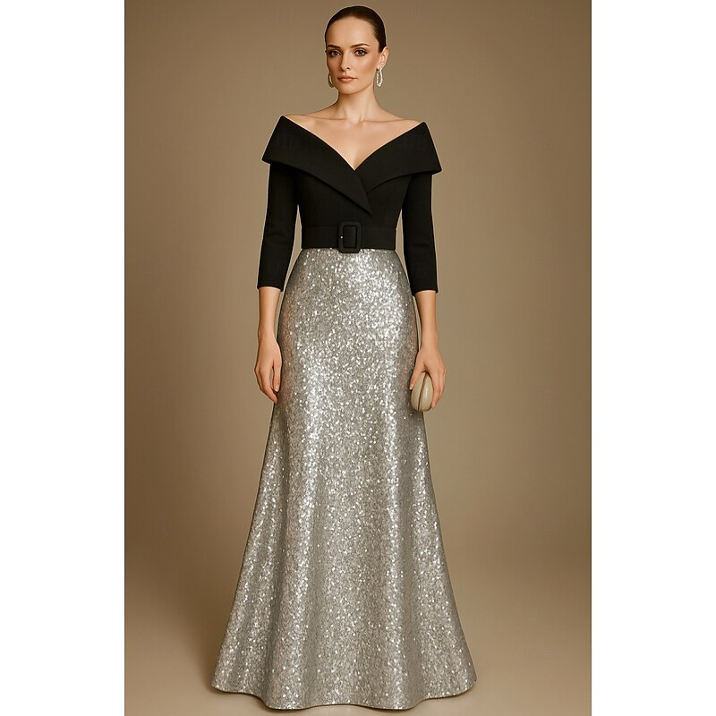Black Gold Sequined A-Line Evening Gown Elegant Dress Formal Wedding Floor Length Half Sleeve Off Shoulder Velvet with Glitter 20252