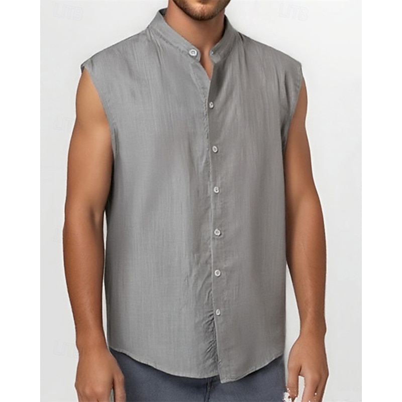 Men's Shirt Summer Shirt Casual Shirt Beach Shirt Button Up Shirt Black Light Green Pink Red Green Sleeveless Plain Band Collar Vacation Hawaiian Clothing Apparel Polyester Fashion Casual Comfortable2