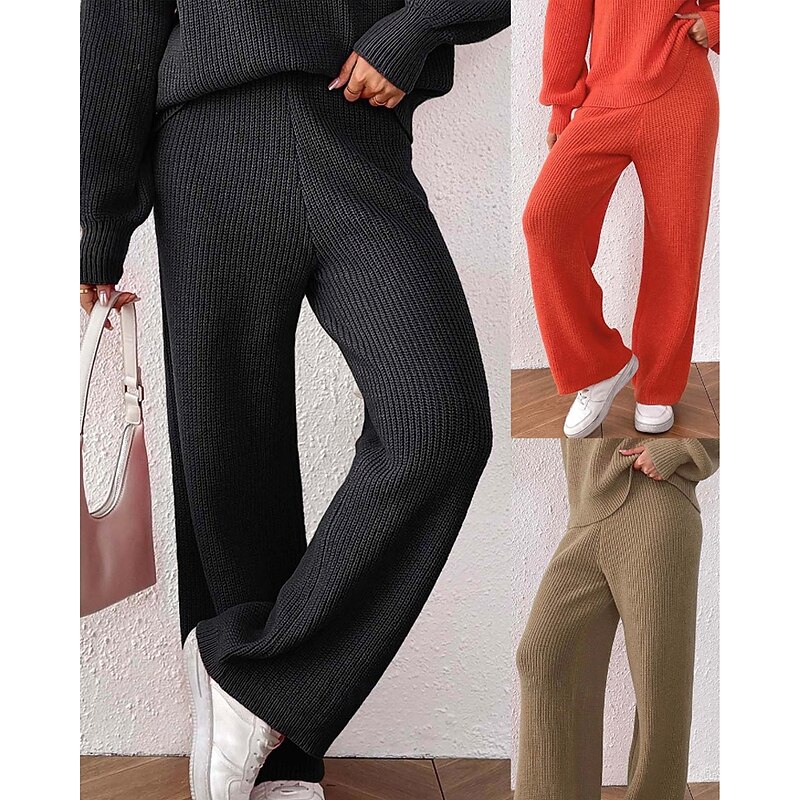 Women's Wide Leg Slacks Streetwear Casual Full Length Natural Plain Elastic Waist Comfortable Outdoor Vacation Going out Orange red Camel Black Winter Regular Fit