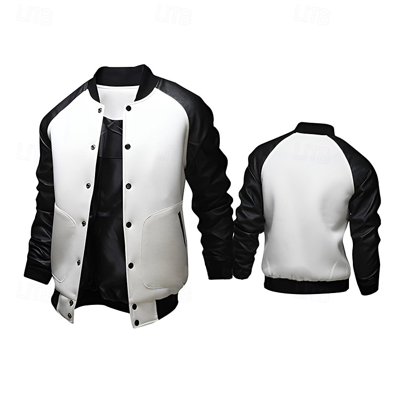 Men's Bomber Jacket Transition Jacket Varsity Jacket Training Vacation Leather Sleeved Spring Fall Solid Color Basic Regular Black White Light Grey Dark Gray Jacket