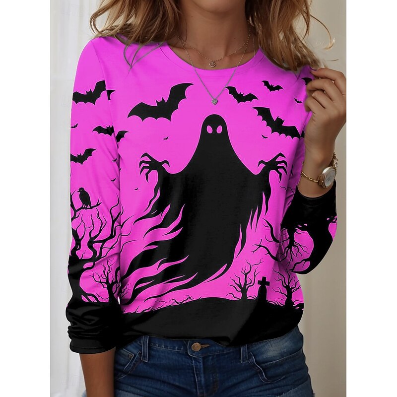 Halloween Women's T shirt Witch Long Sleeve Crew Neck Long Sleeve Tunic Graphic Abstract Vintage Stylish Classic Regular Tops Daily Weekend Print Black Yellow Orange Fall Prefall4