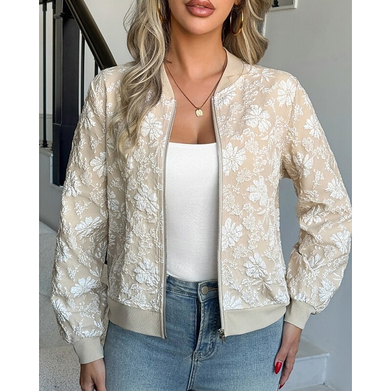 Women's Bomber Jacket Jacket Casual Jacket Warm Comfortable Zipper Pocket Fashion Floral Outdoor Vacation Going out Weekend Zipper Regular Crewneck Regular Fit Long Sleeve Outerwear Khaki Fall Winter4
