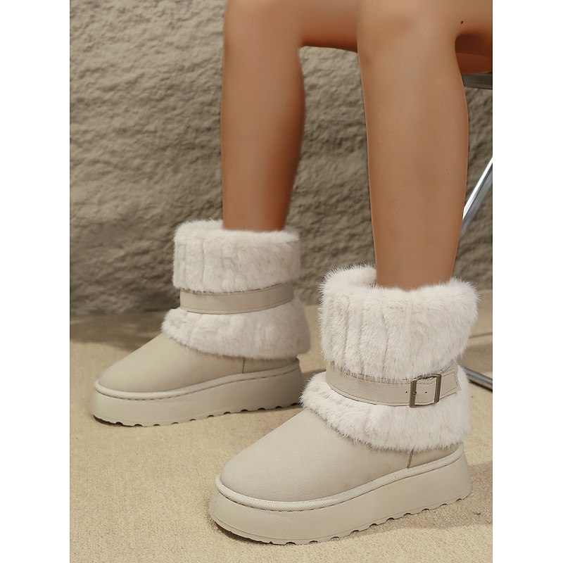 Women's Cream Fur Lined Flat Winter Boots – Cozy Buckle Strap Snow Booties with Non-Slip Sole for Cold Weather