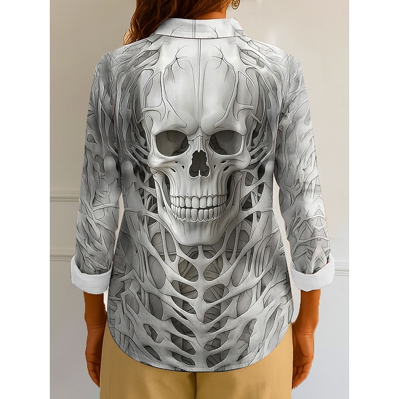 Halloween Women's Shirt Graphic Skull Elegant Vintage Tropical Long Sleeve Bishop Sleeve Shirt Collar Regular Tops Daily Holiday Print White Blue Purple Khaki Spring Fall Winter2